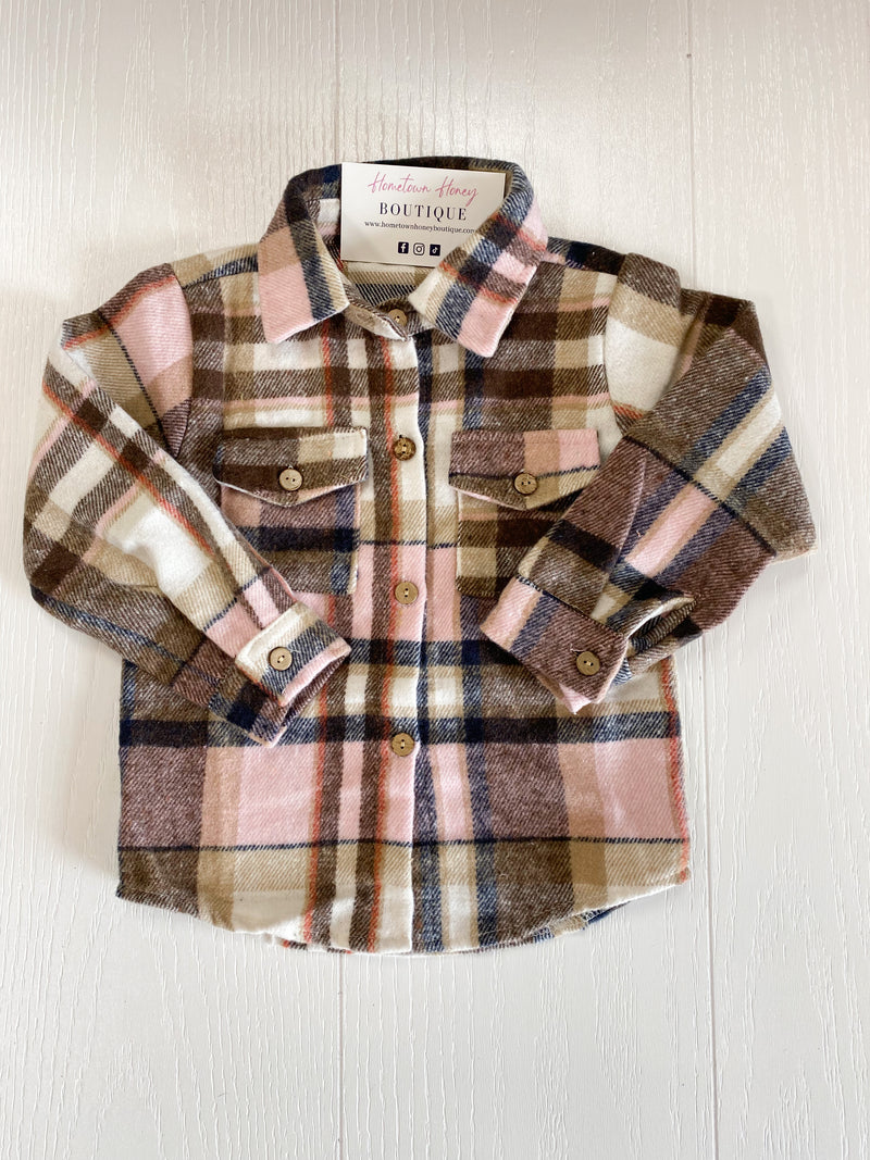 Kids Pink & Brown Plaid Shacket