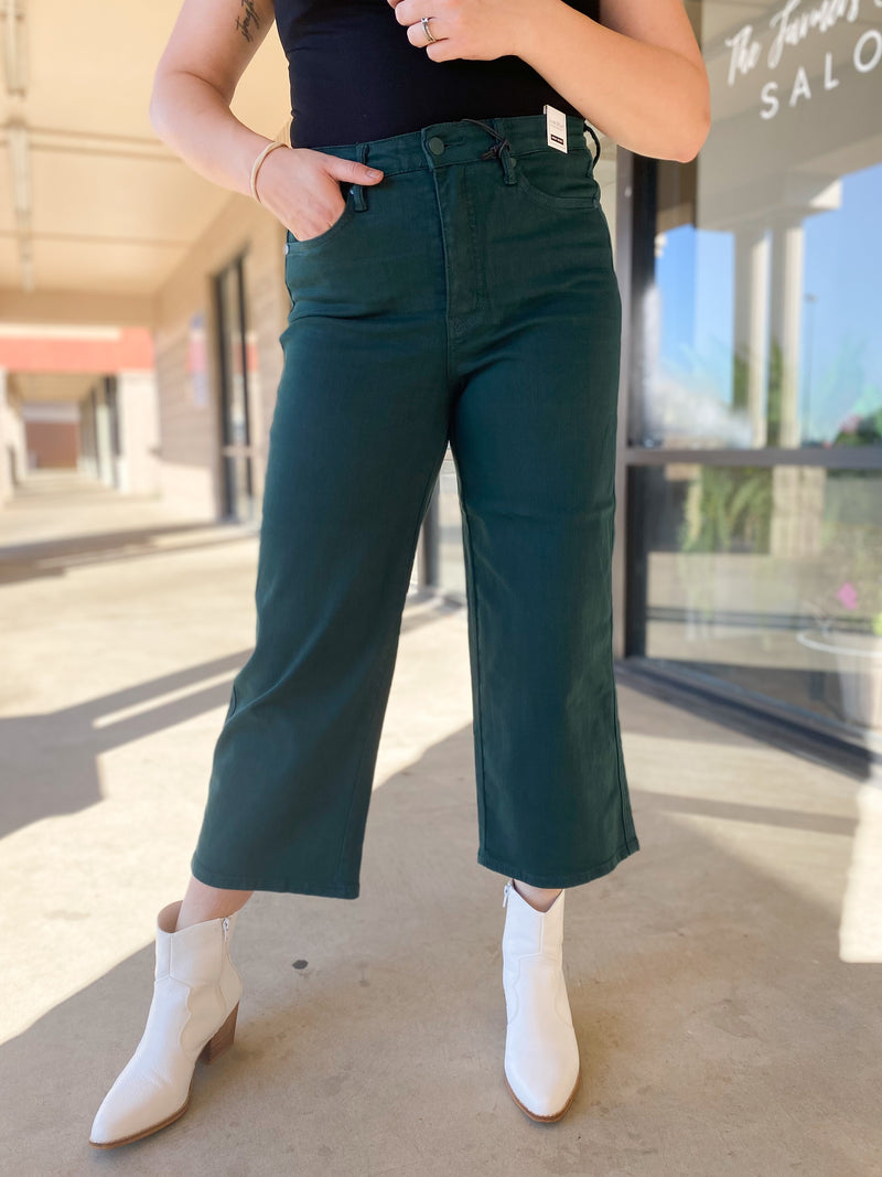 Hunter Green Tummy Control High Rise Wide Leg Crop Judy Blue Jeans
