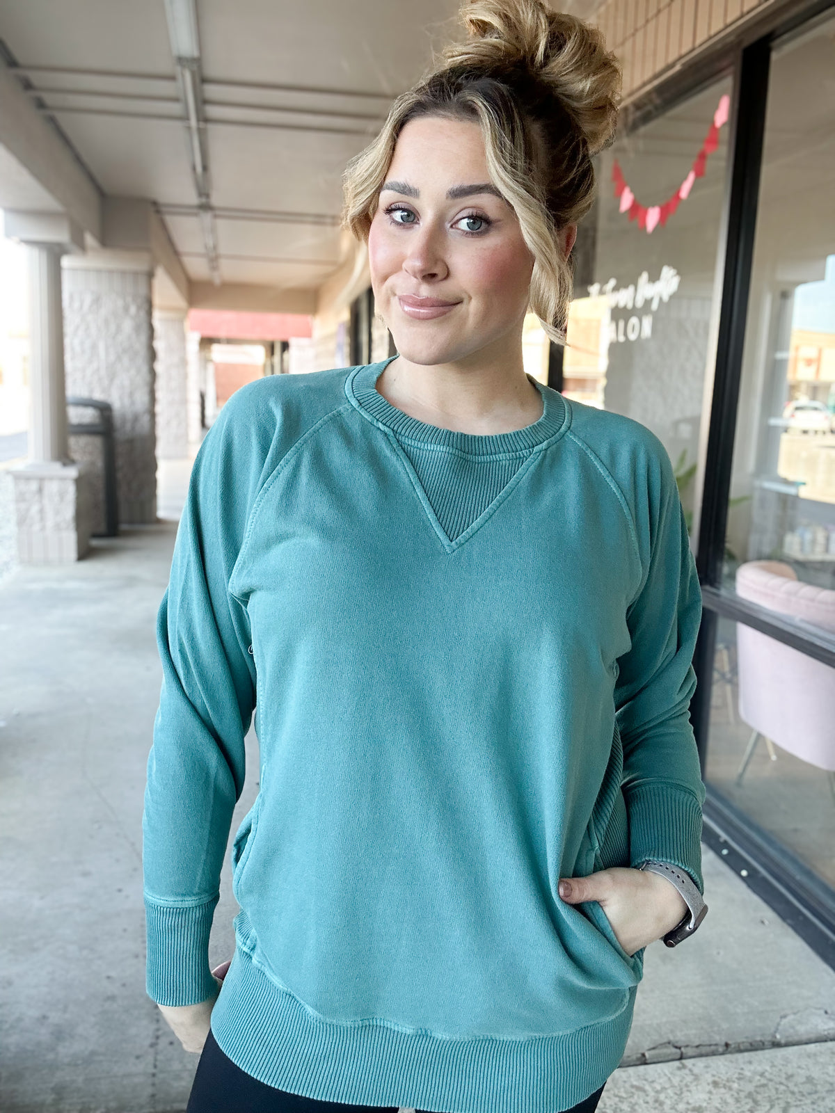 Teal French Terry Pullover With Pockets