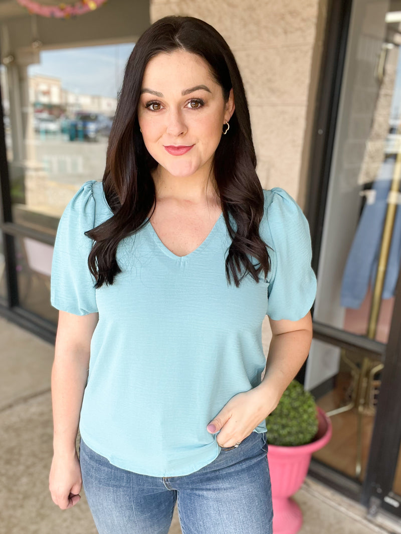 Dusty Teal Puff Sleeve Blouse Top