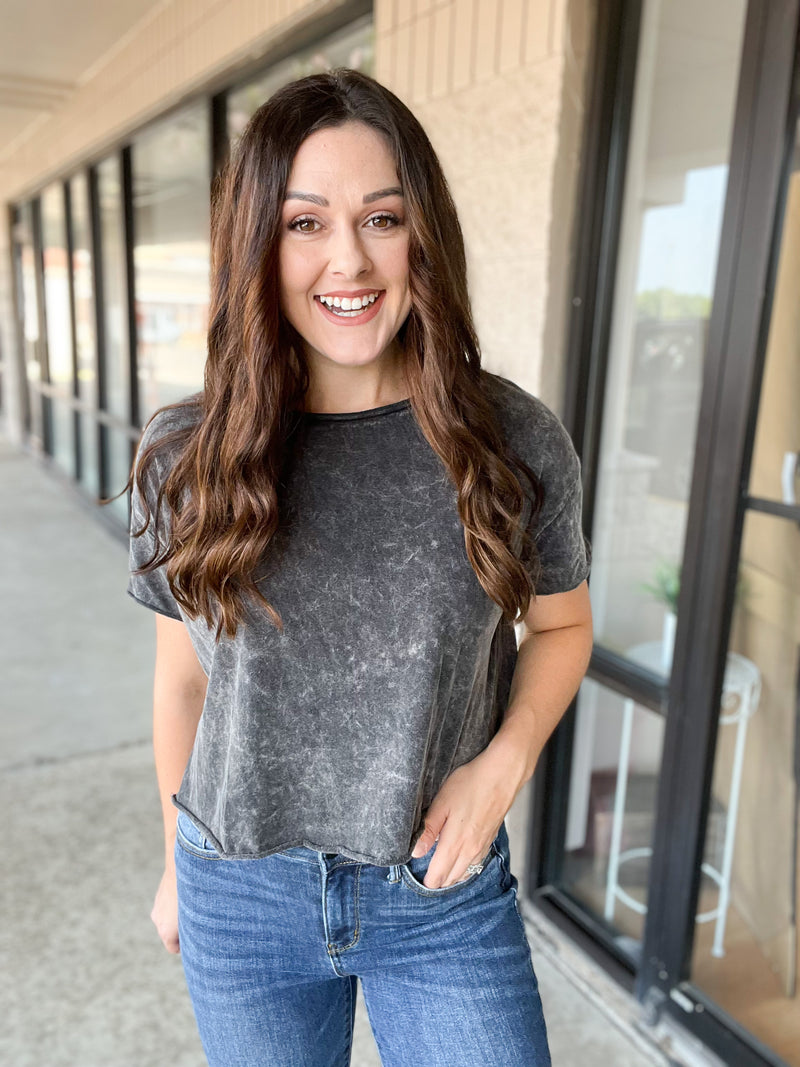 Black Acid Wash Semi Cropped Top