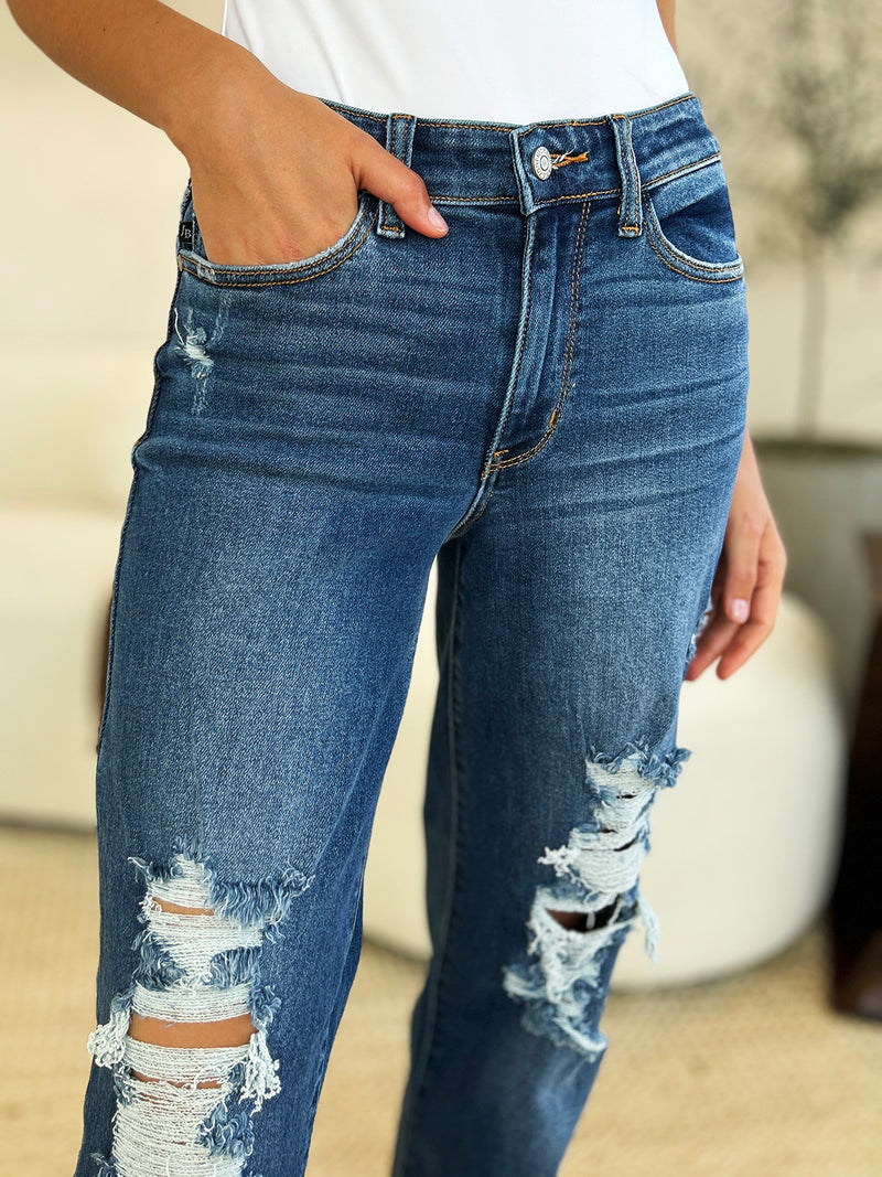 Judy Blue Full Size Mid Rise Distressed Raw Hem Jeans ONLINE EXCLUSIVE