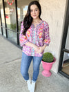Magenta Floral Print Embroidery Bell Sleeve Top