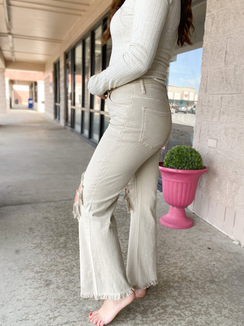 Risen Sand High Rise Distressed Straight Jeans