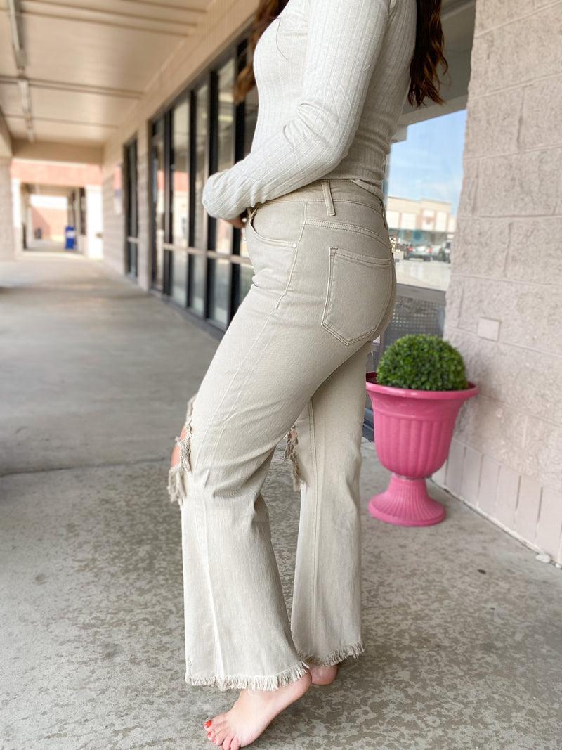Risen Sand High Rise Distressed Straight Jeans