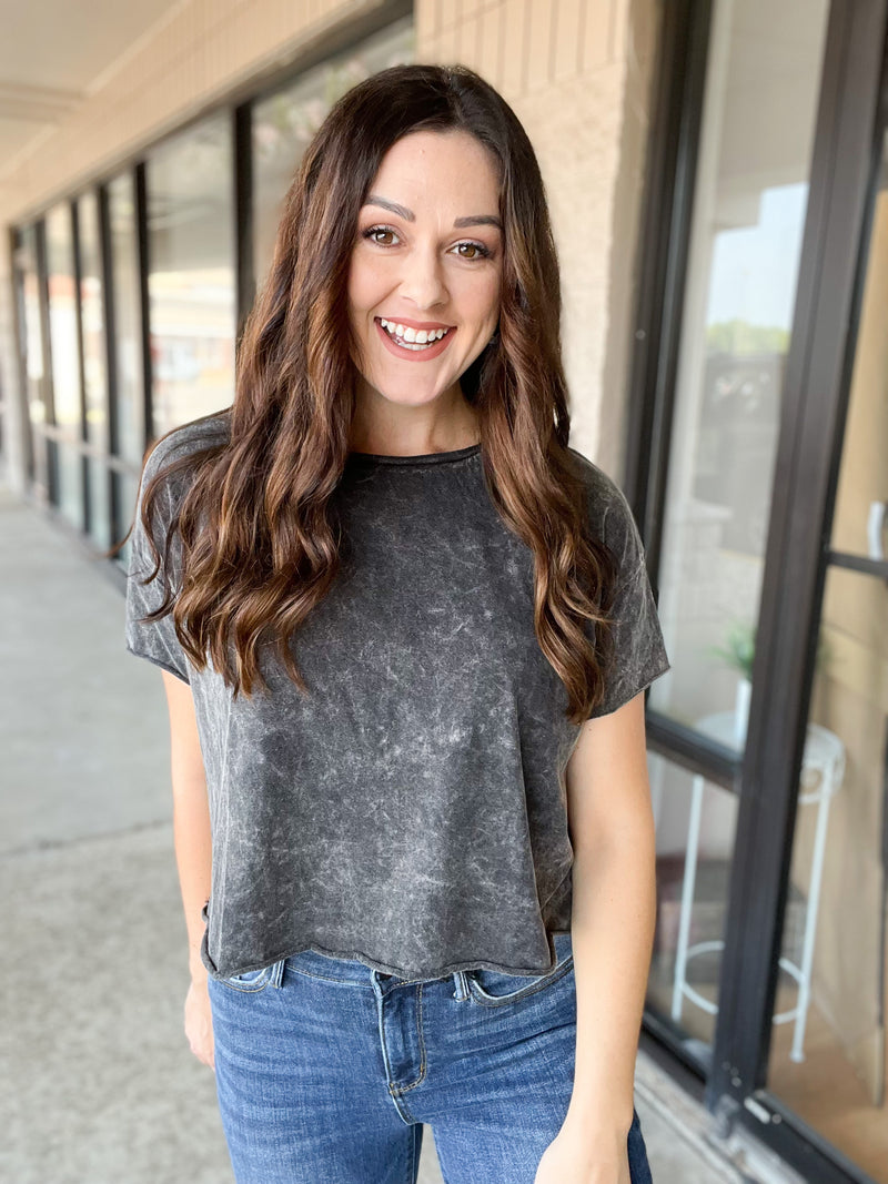 Black Acid Wash Semi Cropped Top