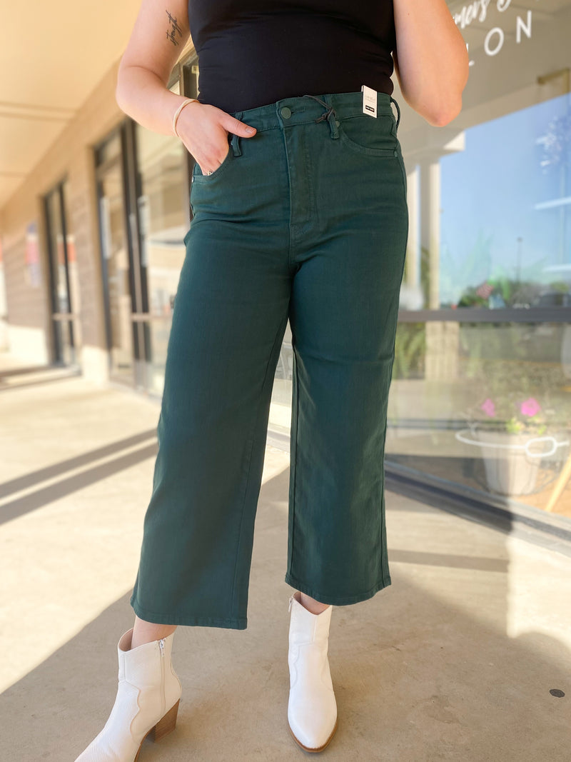 Hunter Green Tummy Control High Rise Wide Leg Crop Judy Blue Jeans