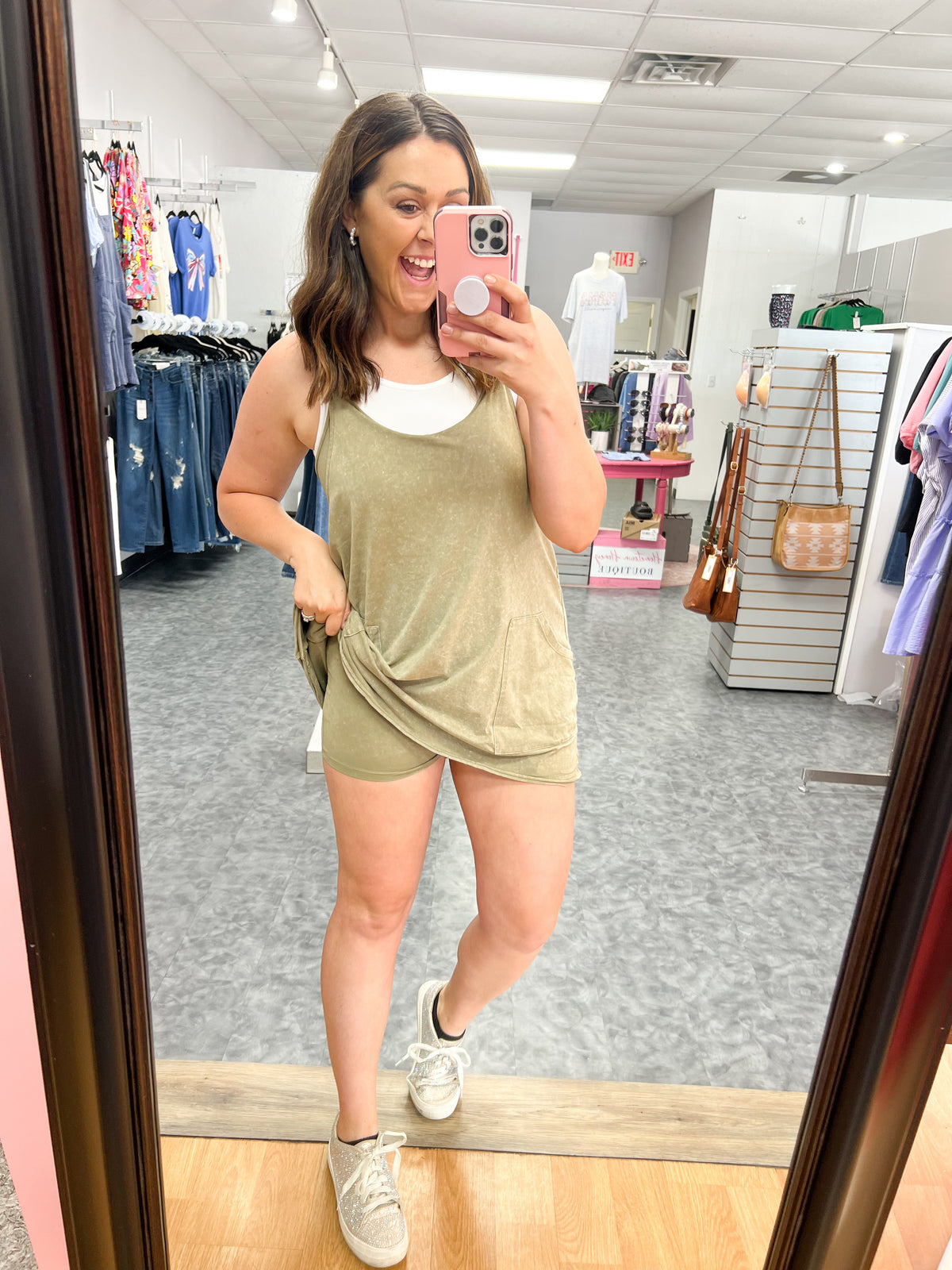 Olive Knit Dress With Built In Shorts