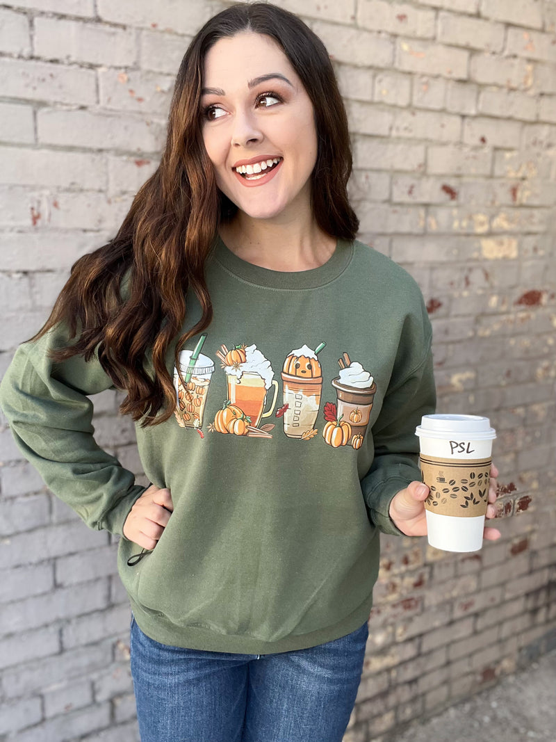 Fall Lattes Sweatshirt Graphic Tee / Olive / In Stock