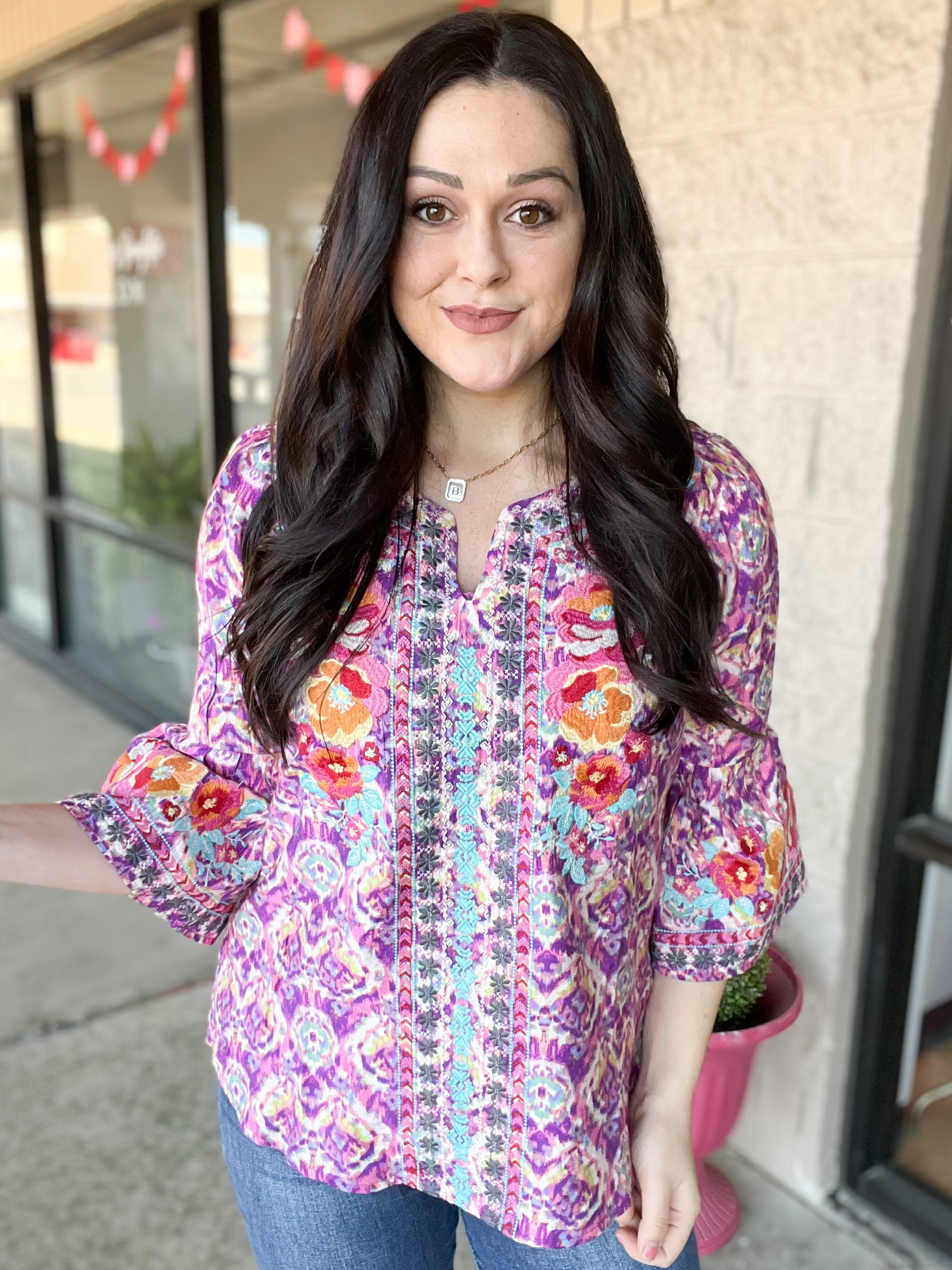 Magenta Floral Print Embroidery Bell Sleeve Top