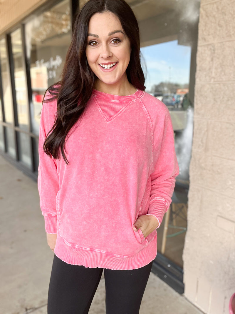 Pink Acid Wash Pullover Top With Pockets