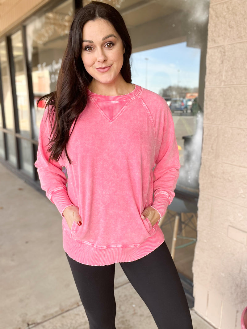 Pink Acid Wash Pullover Top With Pockets