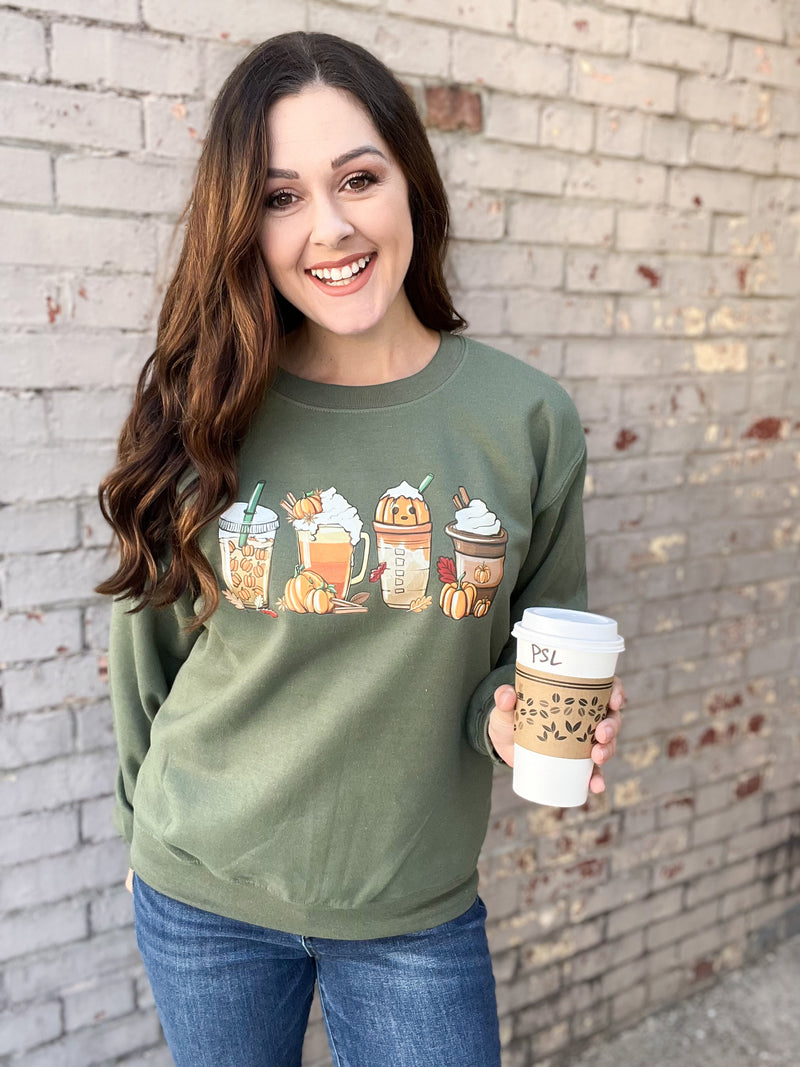 Fall Lattes Sweatshirt Graphic Tee / Olive / In Stock