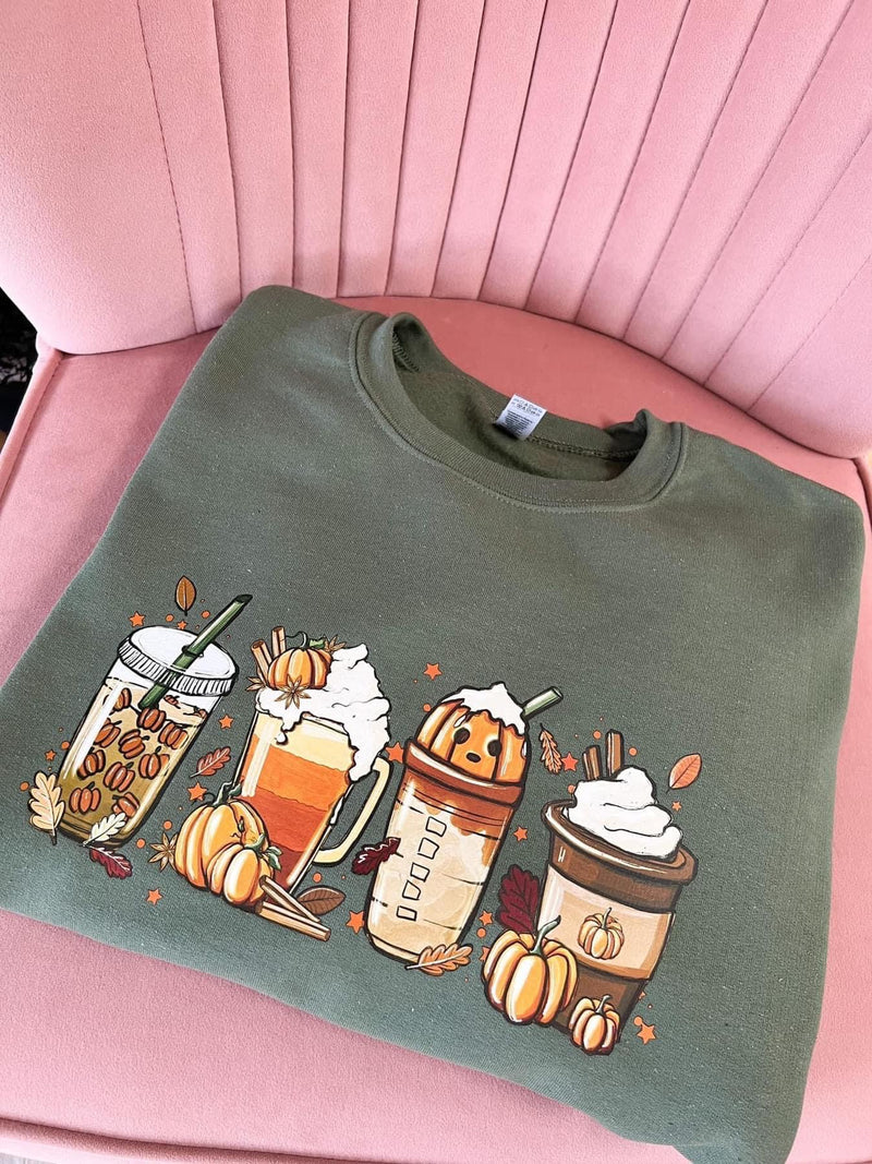 Fall Lattes Sweatshirt Graphic Tee / Olive / In Stock