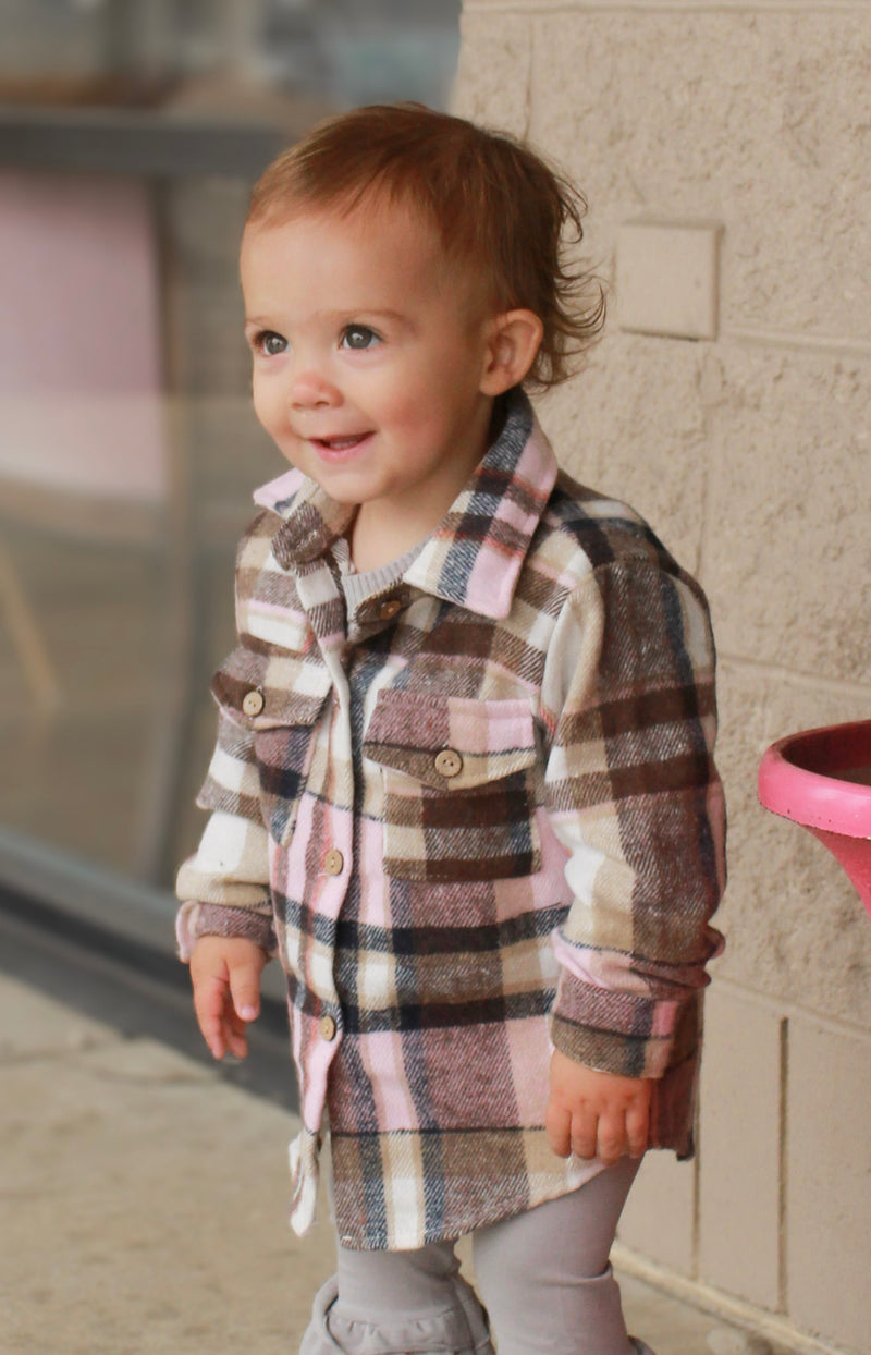 Kids Pink & Brown Plaid Shacket