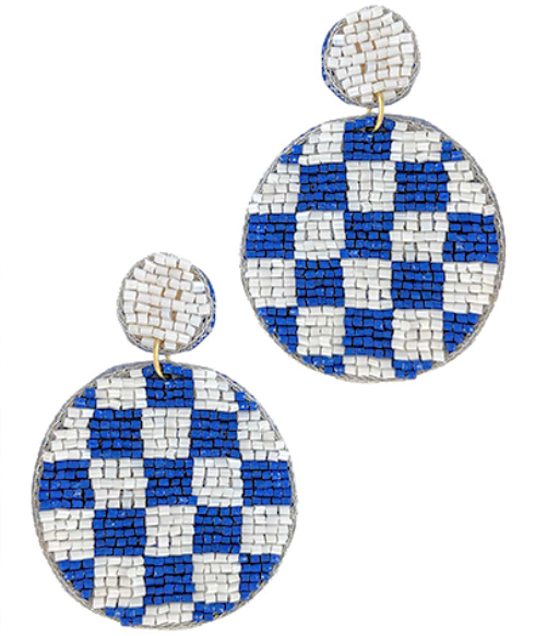 Blue Checker Beaded Earrings