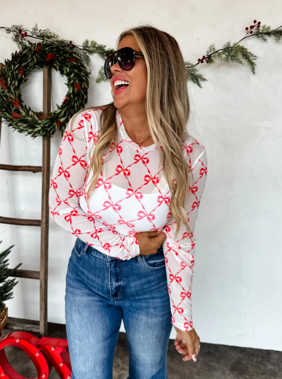 Red Ribbon Bows Mesh Top | PRE ORDER Arrives End Of Oct