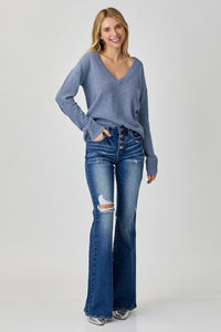 RISEN Distressed Button-Fly Flare Jeans ONLINE EXCLUSIVE