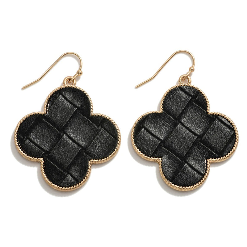 Black Leather Weave Clover Drop Earrings
