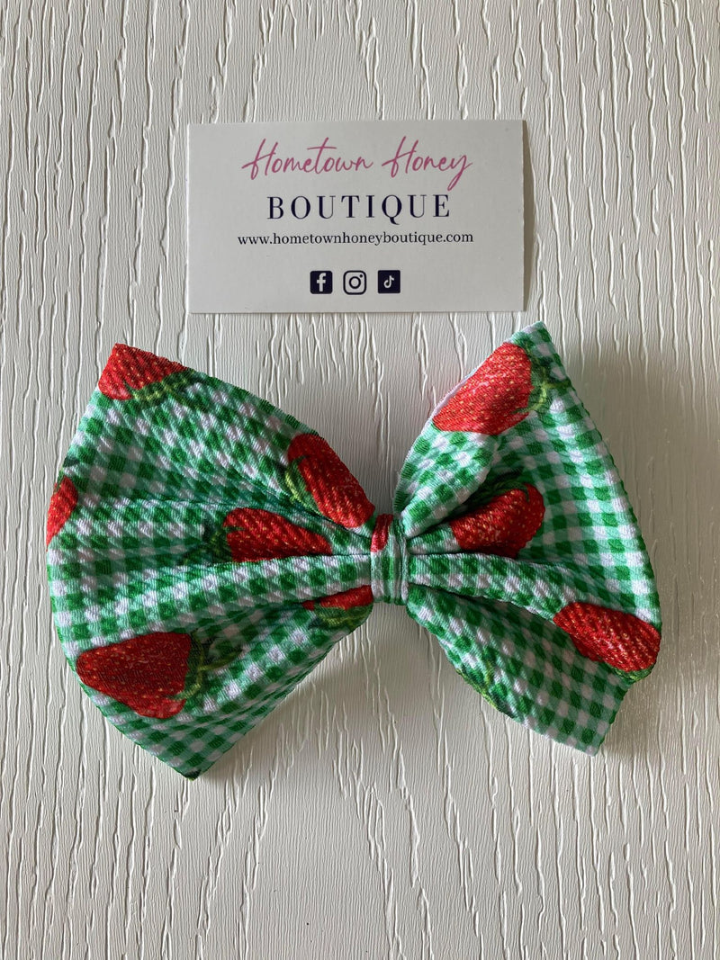 Green Plaid Strawberries Clip Hairbow