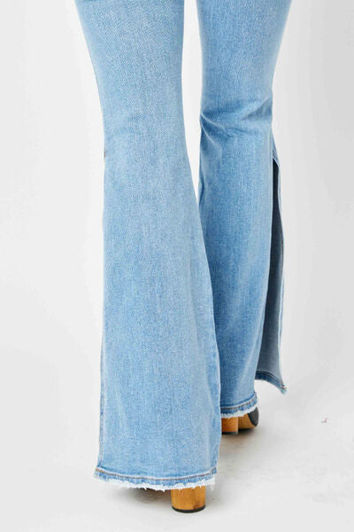 Judy Blue Full Size Mid Rise Raw Hem Slit Flare Jeans ONLINE EXCLUSIVE