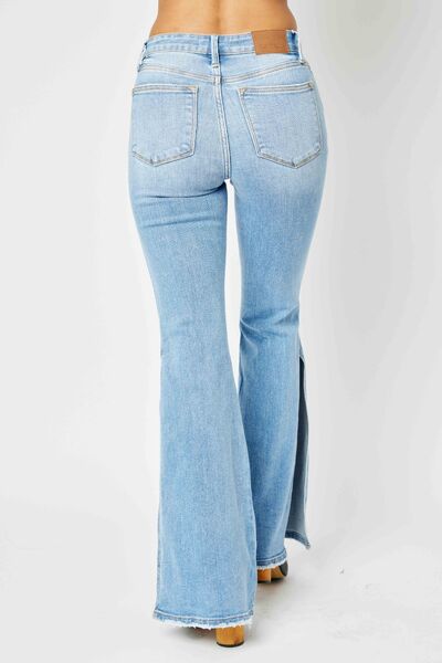 Judy Blue Full Size Mid Rise Raw Hem Slit Flare Jeans ONLINE EXCLUSIVE