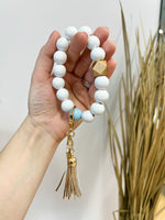 White, Rose Gold, & Light Blue Wood Bead Keychain Wristlet # 192