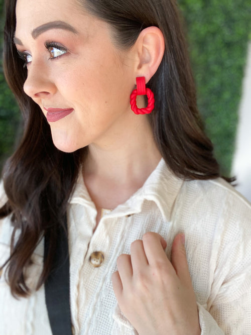 Twisted Red Square Post Earrings