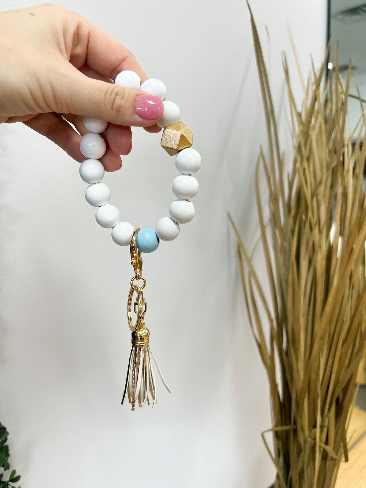 White, Rose Gold, & Light Blue Wood Bead Keychain Wristlet