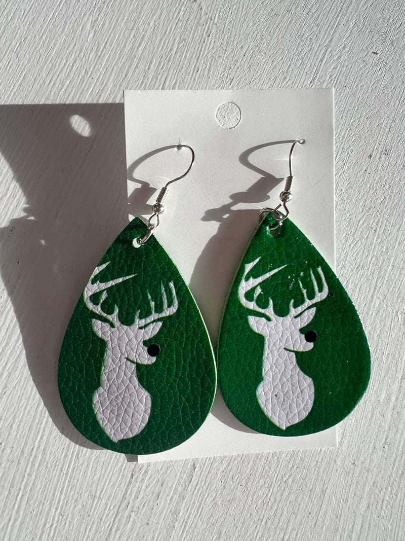 Green Reindeer Christmas Leather Earring